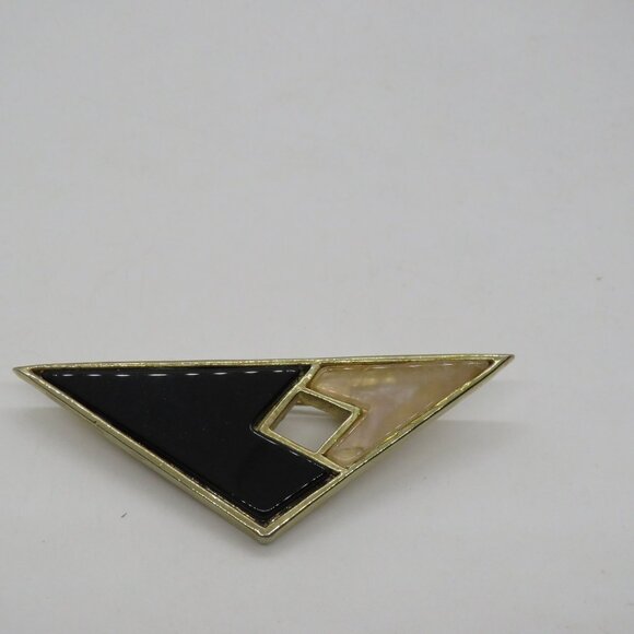 Vintage Triangle Brooch 3" Geometric Gold Tone Black Cream Inlays - Picture 2 of 7